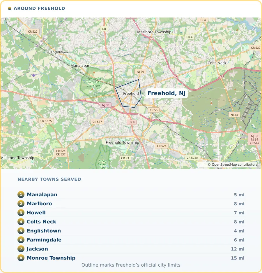 Map of the Freehold, NJ area, covering Manalapan 5 miles away, Marlboro 8 miles away, Howell 7 miles away, Colts Neck 8 miles away, Englishtown 4 miles away, Farmingdale 6 miles away, Jackson 12 miles away and Monroe Township 15 miles away.